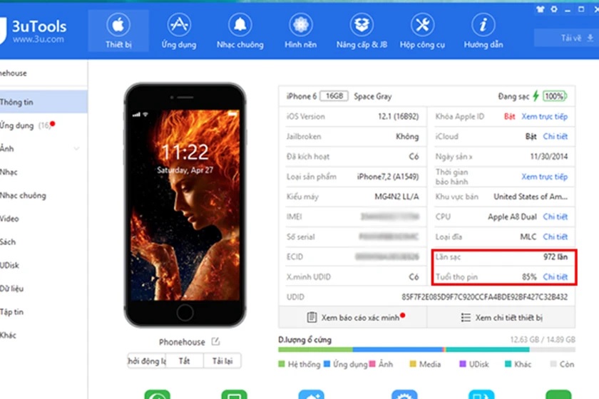 Kiểm tra tình trạng pin iPhone bằng 3utool