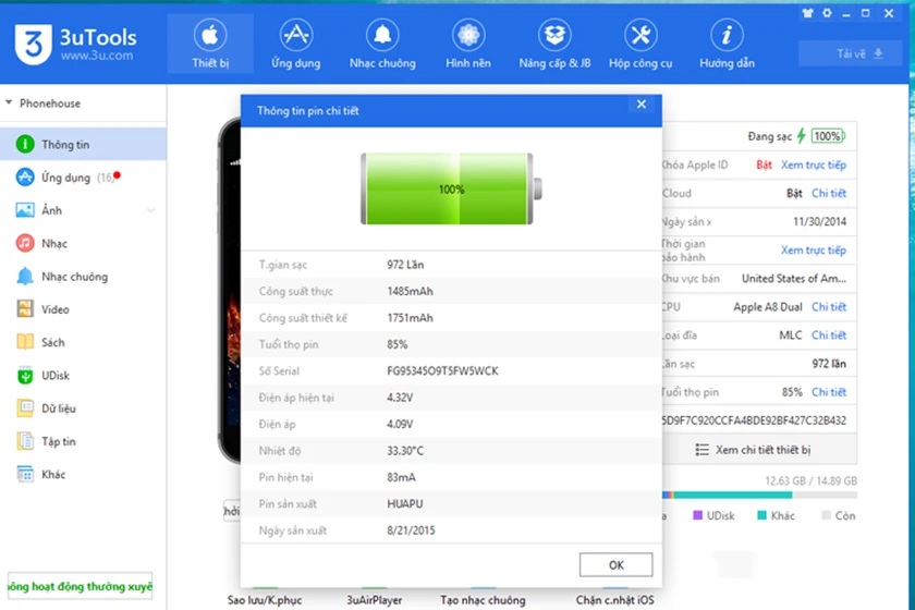 Kiểm tra tình trạng pin iPhone bằng 3utool