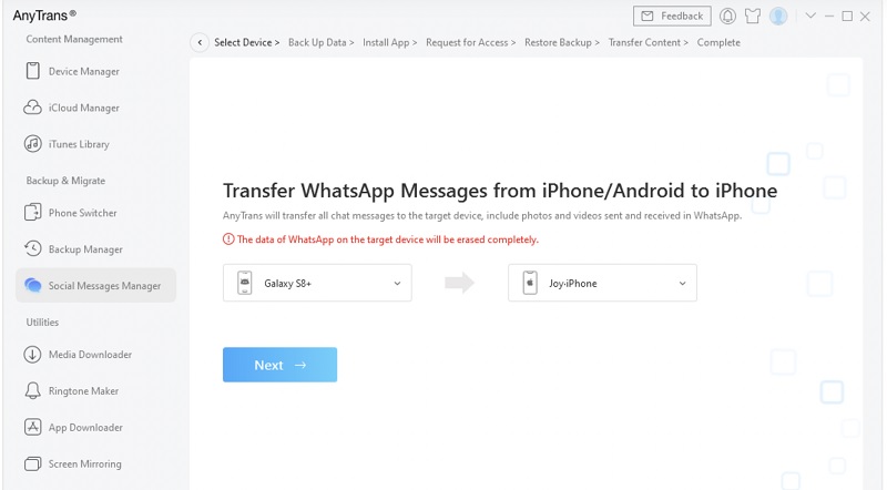 Sử dụng AnyTrans chuyển dữ liệu WhatsApp từ Android sang iPhone