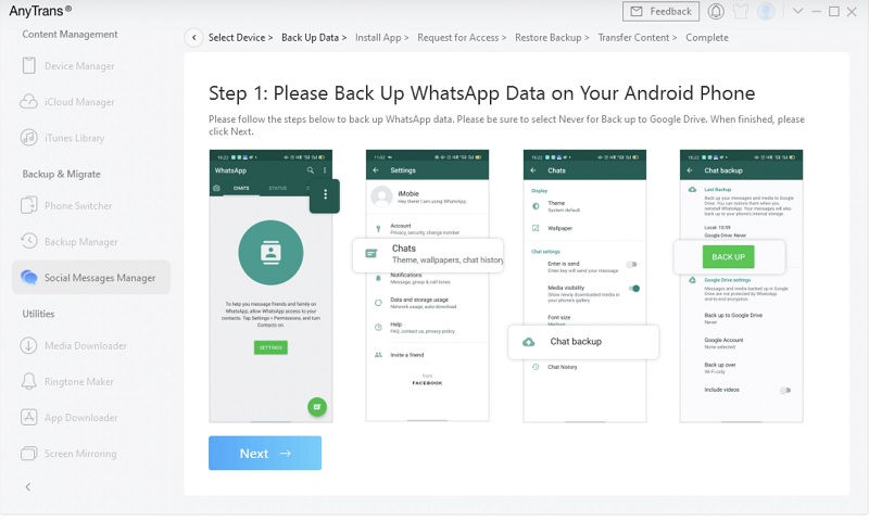 Sử dụng AnyTrans chuyển dữ liệu WhatsApp từ Android sang iPhone