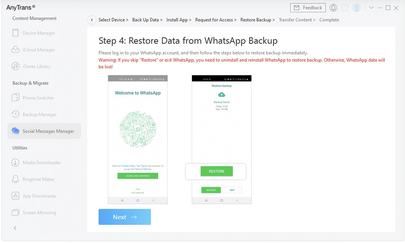 Sử dụng AnyTrans chuyển dữ liệu WhatsApp từ Android sang iPhone