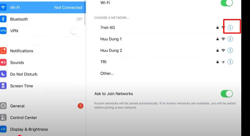 Sửa lỗi iPad không kết nối được wifi​ bằng quên mạng Wifi rồi kết nối lại