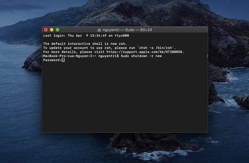 Sử dụng Terminal khởi động lại Macbook