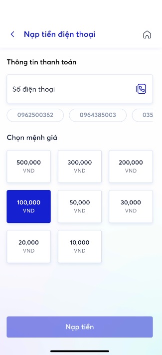Cách nạp tiền điện thoại cho người khác qua App