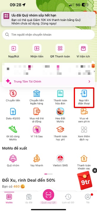 Cách nạp tiền điện thoại cho người khác qua App Momo