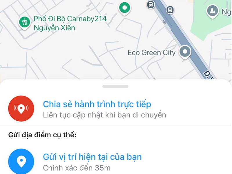Chọn chia sẻ hành trình trực tiếp hoặc vị trí hiện tại tùy theo nhu cầu gửi định vị.