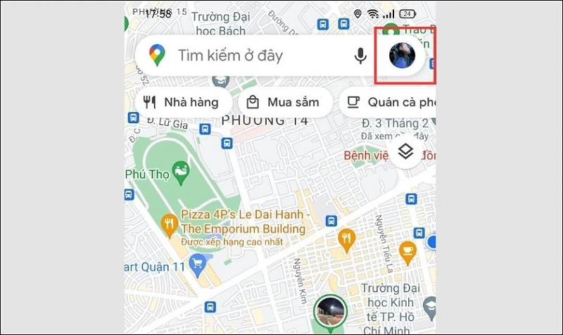 Mở Google Maps, nhấn ảnh đại diện góc phải để bắt đầu chia sẻ vị trí.