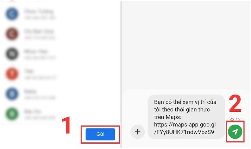 Hệ thống mở ứng dụng nhắn tin, nhấn gửi để chia sẻ liên kết định vị.