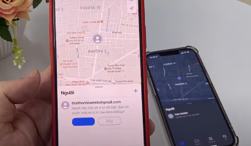 Máy 2 nhận yêu cầu chia sẻ vị trí, có thể chấp nhận thời gian chia hoặc từ chối.