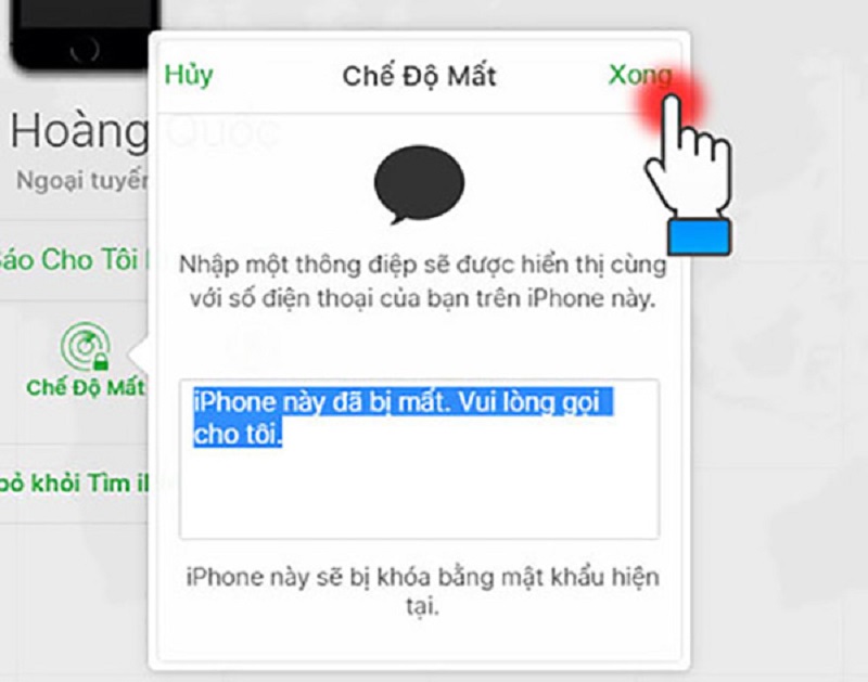 Nhập tin nhắn hướng dẫn liên hệ, hiển thị trên iPhone bị khóa, rồi chọn “Xong” để hoàn tất