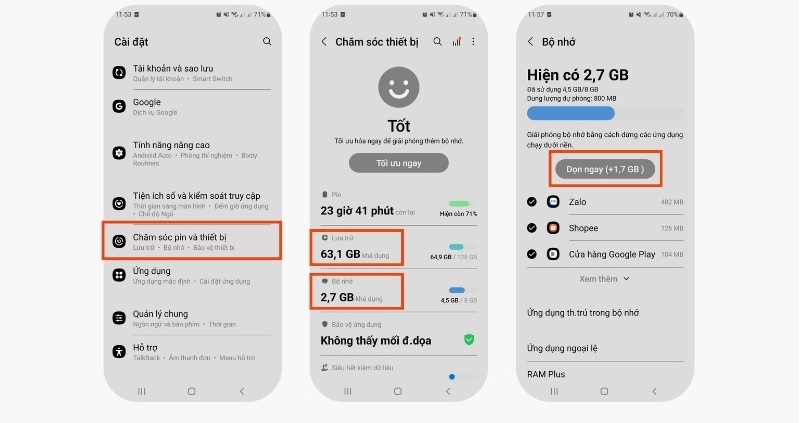 Cách giải phóng bộ nhớ điện thoại Samsung bị đầy