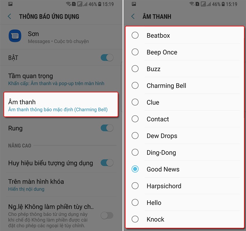 Cách đặt âm báo tin nhắn cho từng số điện thoại Samsung