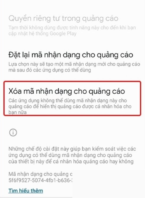 Xóa nhận dạng quảng cáo trên điện thoại samsung