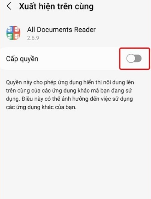 Chặn quyền xuất hiện trên cùng của ứng dụng sam sung