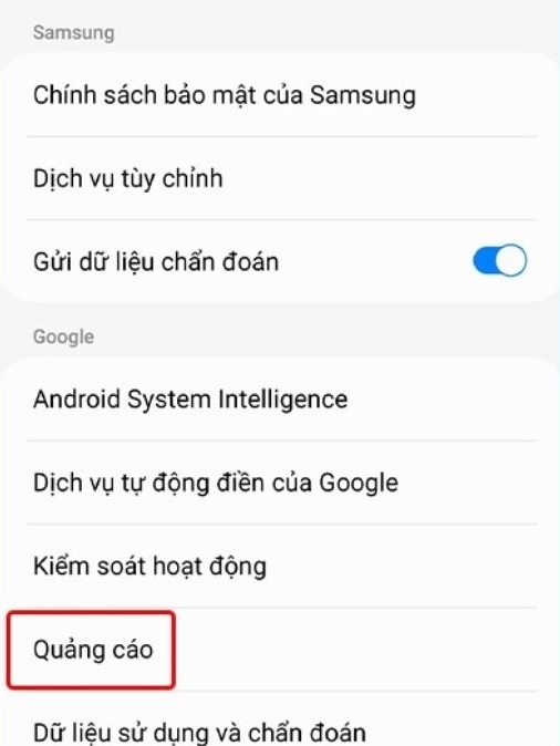 Xóa nhận dạng quảng cáo trên điện thoại samsung