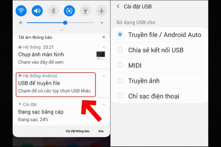 Kết nối điện thoại Samsung với máy tính qua dây cáp USB
