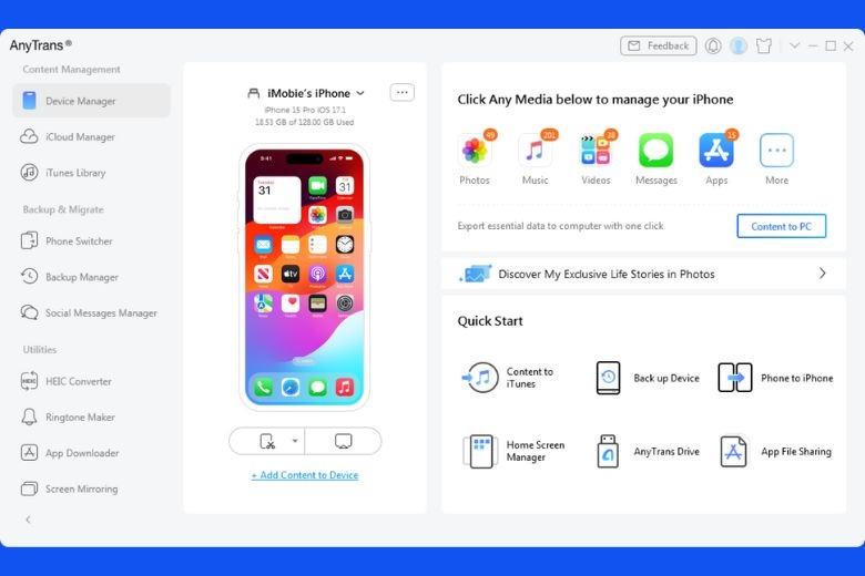 Phần mềm AnyTrans kết nối iPhone với máy tính