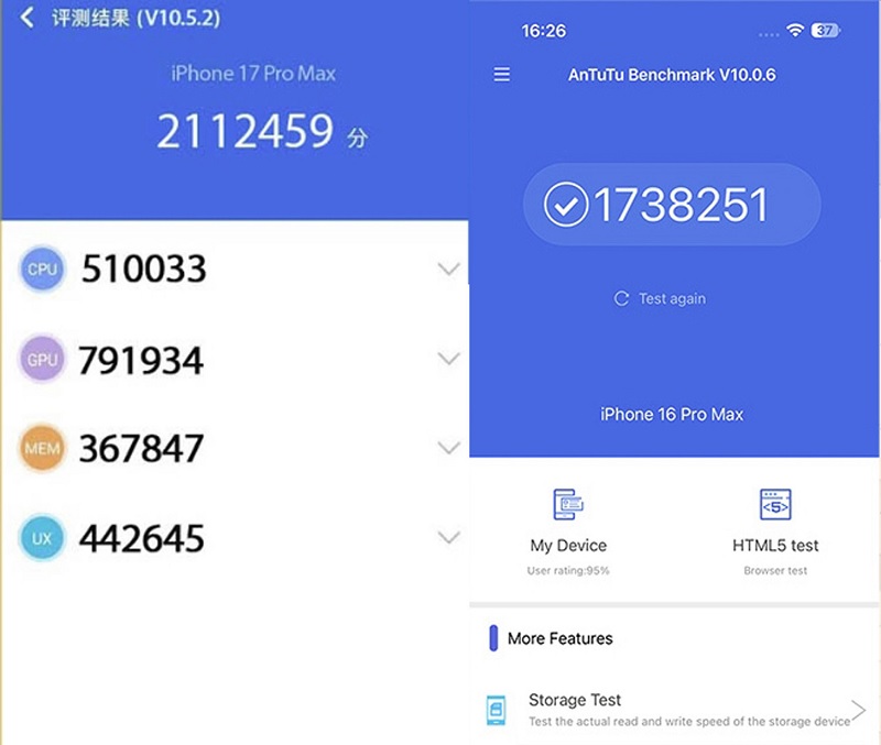 So sánh điểm Antutu iPhone 17 Pro Max với iPhone 16 Pro Max