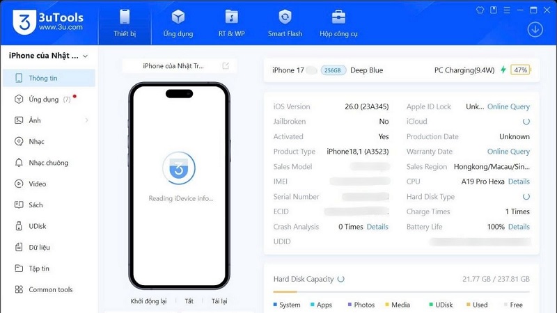 Kiểm tra qua bằng phần mềm 3uTools