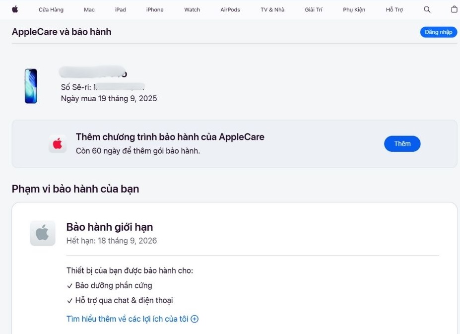 Kiểm tra qua số Seri và kiểu máy