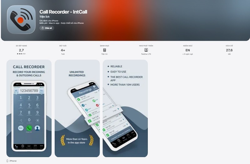 Call Recorder – Int Call - Phần mềm ghi âm cuộc gọi trên iPhone