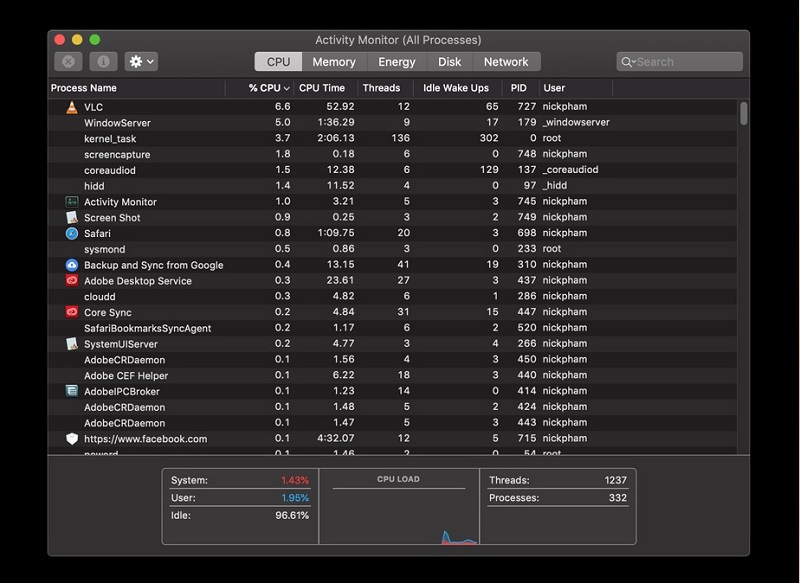 Tab Memory trong Activity Monitor